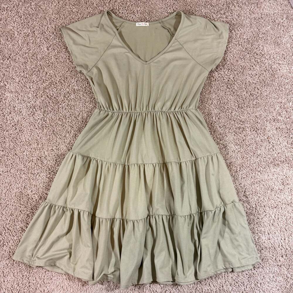 Heart Hips Sage Green Tiered Babydoll Mini Dress Womens Small Boho EUC